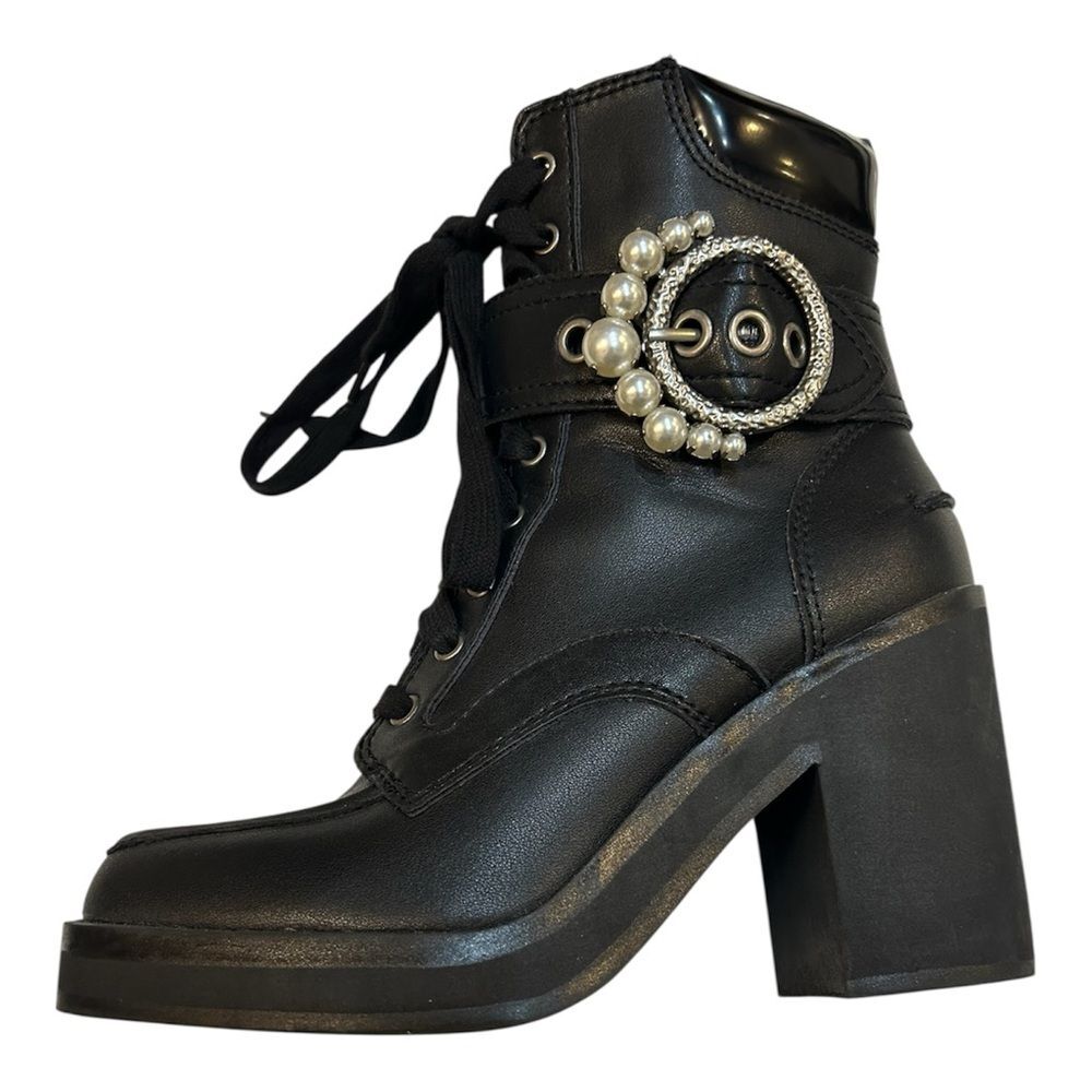 Karl Lagerfeld Black Lace-Up Boots with Silver and Pearl Detail - Picture 4 of 8